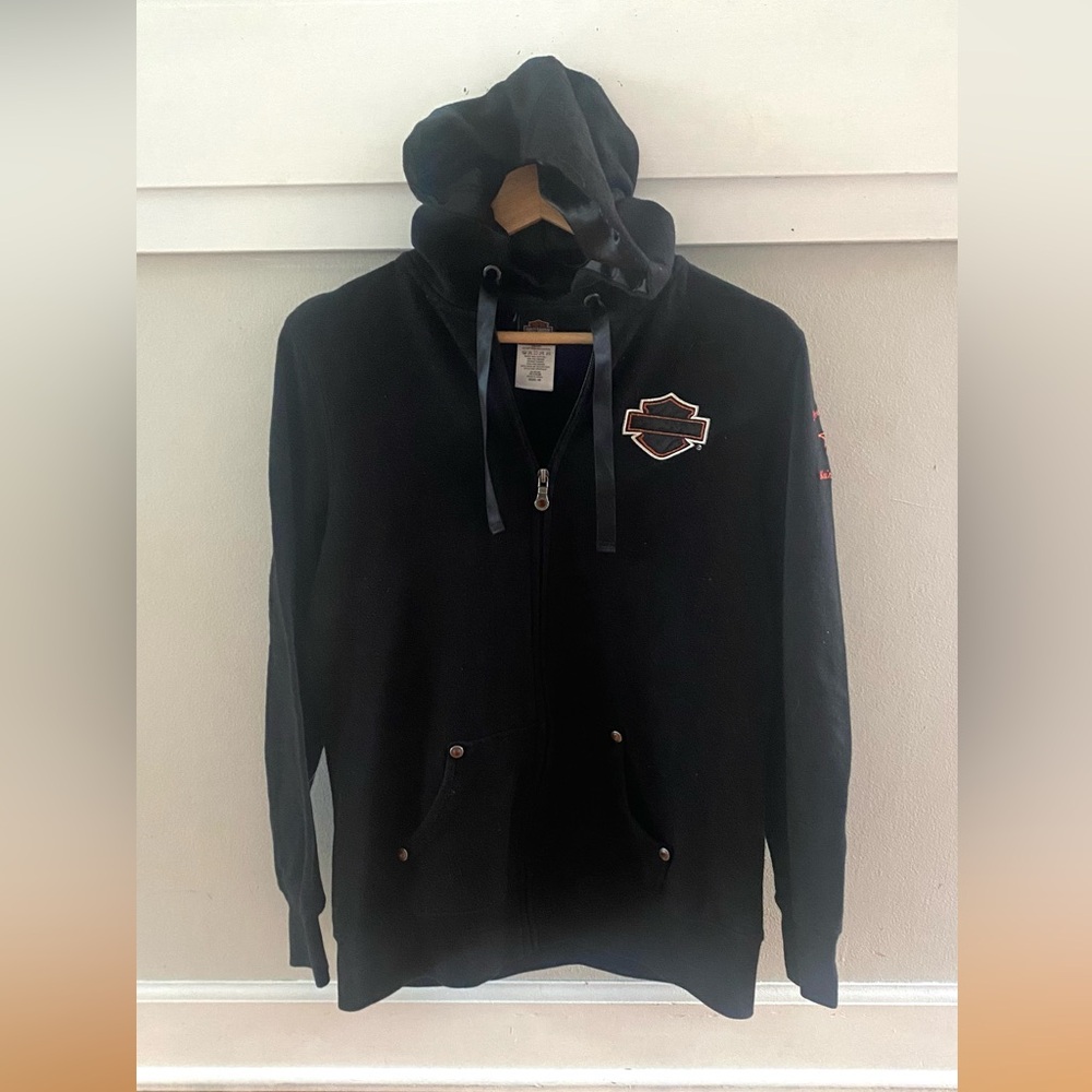 Harley-Davidson Black Cotton Blend Zip Up Hoodie Sweatshirt Size Medium Unisex